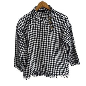 Zara Women Sweater Small Navy Blue Houndstooth Fringe Pullover Office Work